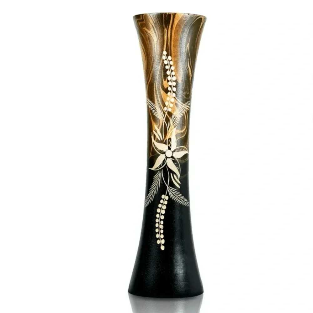 Thailand Art Hand Carved Tropical Flower Cylindrical Mango Wood Vase, [14-inch]